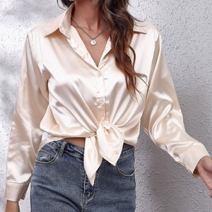 Blus kancing Satin berkilau untuk wanita, atasan sutra lengan panjang kasual kantor bahan Satin berkilau - Product Image 3