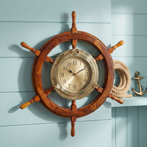 Horloge murale en bois à quartz, style hublot en laiton, décorative, vintage, nautique, maritime, pour la maison, le bureau, le salon - Product Image 5