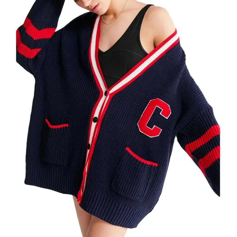 knitted sweater manufacturer custom v neck cardigan sweater women knit letter pocket long letterman cardigan varsity sweater