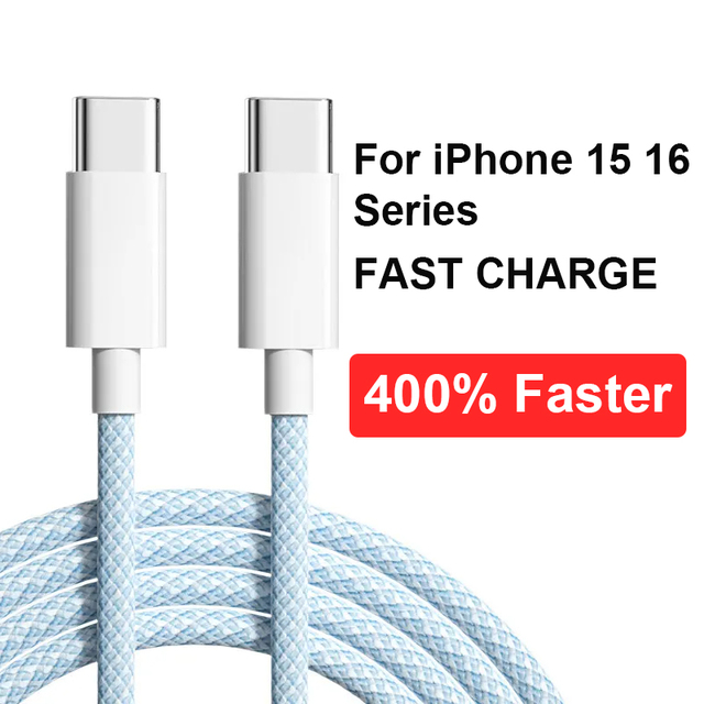 MFI Braided Nylon USB-C to Type-C 60W Fast Charging Cable for iPhone 11-16 Pro Max Camera & Computer Use
