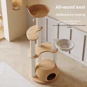 Rumah Kucing Modern Veyoda dari Kayu Solid Ramah Lingkungan dengan Anyaman Rotan, Tiang Garukan <span class=keywords><strong>Sisal</strong></span> 3 Tingkat - Product Image 4