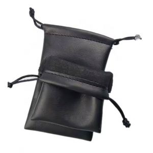 Custom <b>Black</b> PU Leather Travel <b>Storage</b> Bag with Embossed Logo Mini Drawstring Dust Bag for Headset Jewelry Watch - Product Image 2