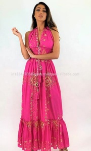 Fuchsia Bohemian Embroidered Organza Maxi Dress Halter Neck Loose Sequin Decoration Floral Print A-Line Plus Size Summer - Product Image 3