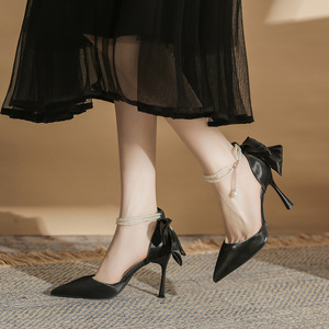 Pointed Toe Stiletto Heel Ankle Strap Pumps <b>With</b> <b>Bow</b> Decoration High Heel <b>Shoes</b> For Women Fashion Trend Solid Color - Product Image 3