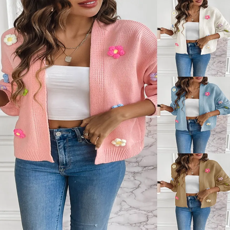 New hand-hooked flower sweet knit cardigan sweater coat for women slouchy casual loose sweater
