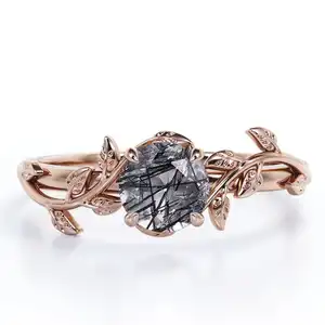 Kustomisasi logo cincin desain Solitaire Moissanite cabang daun cincin pertunangan perhiasan pelapisan emas mawar
