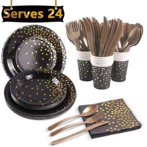 Servilletas de platos de papel desechables, color negro y dorado, vasos, mantel, tenedores, cuchillos y cucharas, suministros para fiesta de cumpleaños de 60 años - Product Image 2