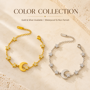 Bracelet en acier inoxydable plaqué or 18 carats, hypoallergénique, résistant à l'eau, avec croissant de lune et étoile CZ, pour femmes, vente en gros - Product Image 1
