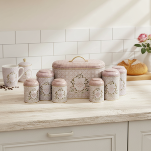 Kontensan 7-Piece Round Tin <b>Box</b> Kitchen <b>Set</b> with Dome Lid and Rosy Design - Product Image 3