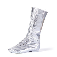 Bottes de danse jazz personnalisables style cheval à tige haute en cuir verni or et argent pour performance scénique BW1132