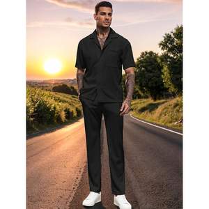 Conjunto de 2 Piezas de Verano para Hombre, Estilo Casual, Camisa de Manga Corta con Botones, Pantalones Holgados, Traje Deportivo a Rayas Texturizadas - Product Image 2