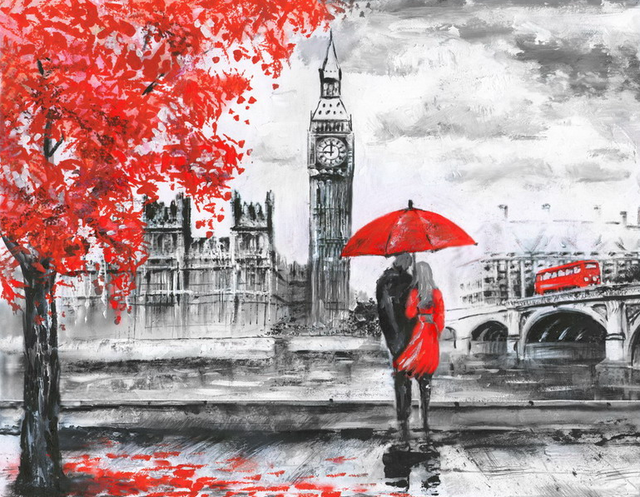 Red Black Couple London Scenery Canvas Printed Painting Custom Modern Wall Arts for Home Wall Decor Creative Design