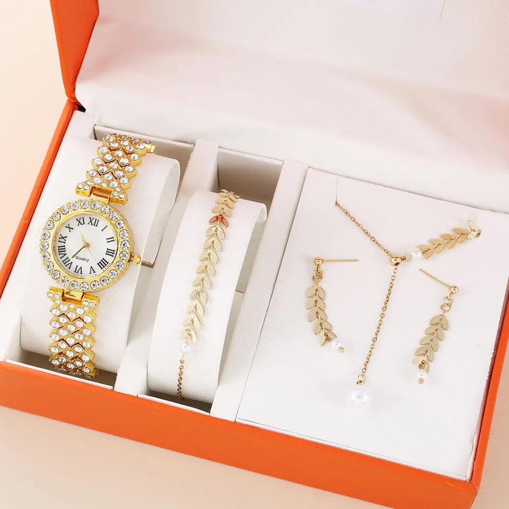 Women's Watch Set With Diamond Elegant Quartz Watch Versatile Leaf Pearl Necklace Bracelet Earrings Jewelry Set