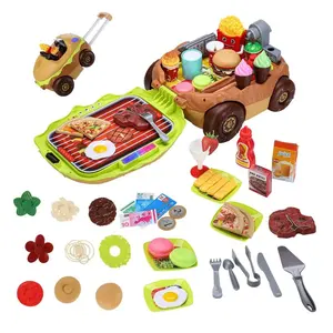 Multi-functional pretend play set simulation kitchen toy hamburger fast food cashier BBQ trolley case toy car with light sound