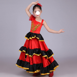 Vestido de Baile Flamenco Español con Falda Larga para Niñas, Disfraz de Actuación de Halloween, Vestido de Baile de Corrida de Toros Español - Product Image 3