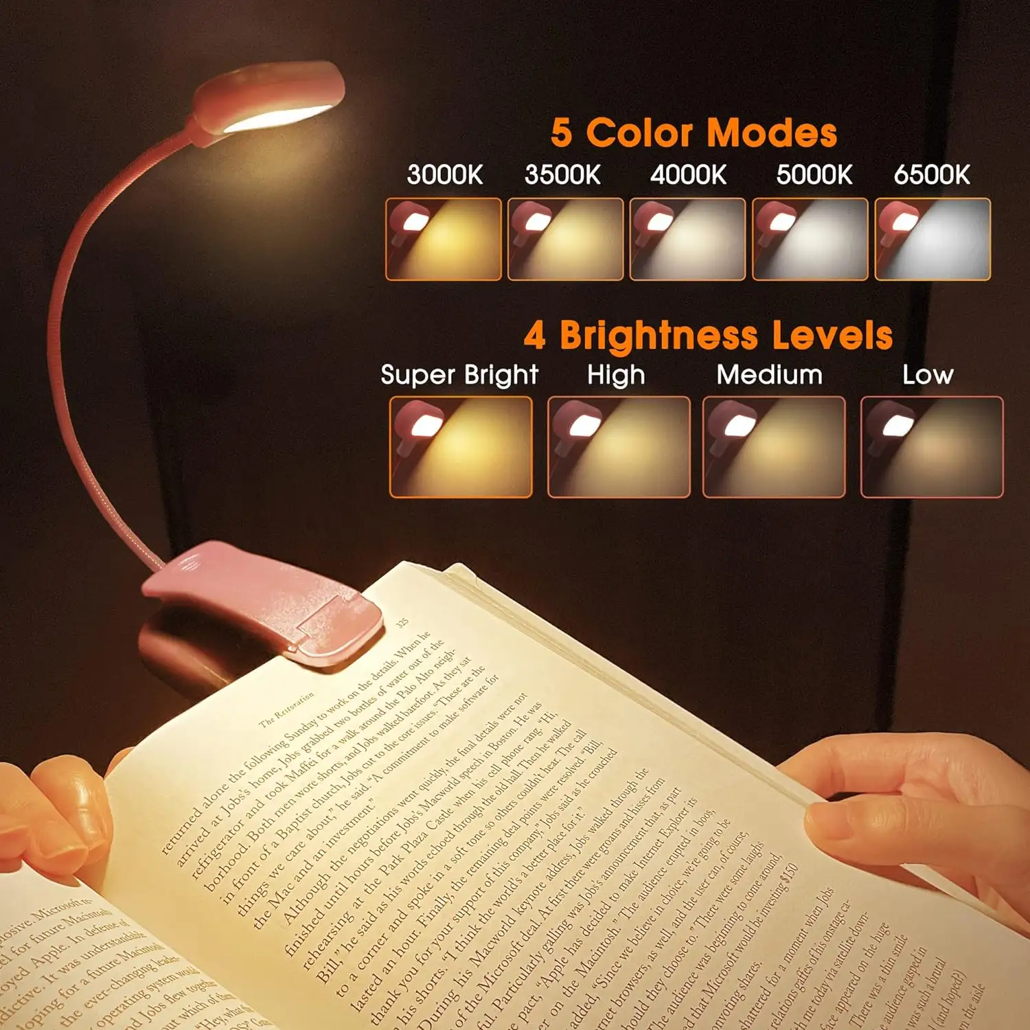 مصباح ضوء كتاب القراءة من LOHAS وردي اللون مصباح مرن محمول قابل للشحن USB مصابيح الكتب للقراءة في السرير