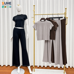 Ensemble de détente 2 pièces SUHE pour femme en soie modale, haut à manches courtes et pantalon large, noir uni, vêtements de nuit décontractés, taille élastique, confortable - Product Image 2