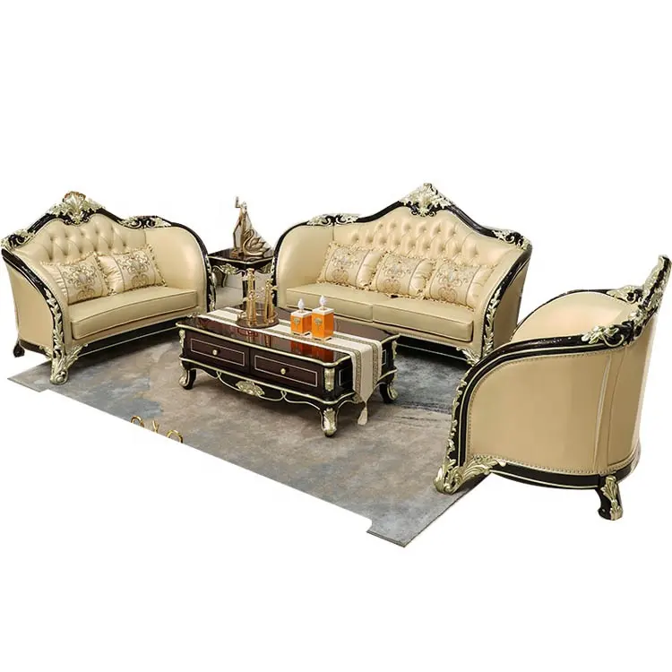 Sofá de cuero de Color crema real, mueble de estilo europeo, sala de estar dorada, Fábrica de Foshan, sólido, 1 + 2 + 3 asientos tallados