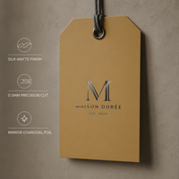 Étiquettes en carton de luxe 600 GSM couleur Ocre Mat avec gaufrage à chaud anthracite et œillet métallique pour l'image de marque de vêtements de créateur