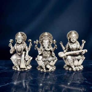 Idole de la déesse Laxmi Ganesh Saraswati en laiton plaqué argent oxydé 999 de Jaipur Metals - Design Feng Shui 100% laiton - Fait main - Product Image 1