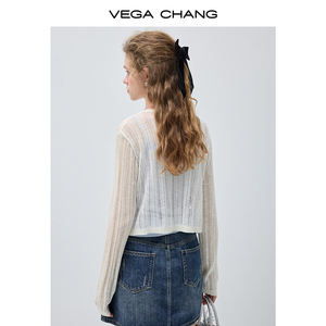 VEGA CHANG Haut en tricot respirant de qualité supérieure, blanc, à découpes, col en V, court, à manches longues, pour <span class=keywords><strong>tenue</strong></span> décontractée et superposée - Product Image 5