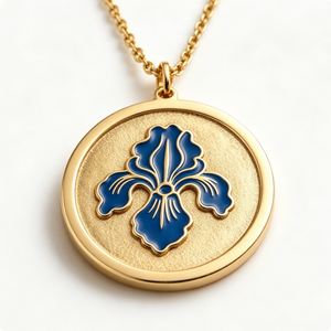 Medalla Circular de Latón Chapada en Oro con Diseño de Flor de Lis Azul en Esmalte Duro, Recuerdo con Temática Floral - Product Image 2