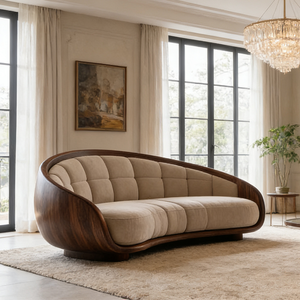 Divano Sezionale Curvo Nordico in Tessuto Bouclé Crema, Arredamento Moderno per Villa, Mobili per Soggiorno - Product Image 4