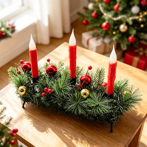 Christmas Decorative Candle <b>Light</b> Set With Pine <b>Branches</b> And Ornaments For Indoor Holiday Display - Product Image 1