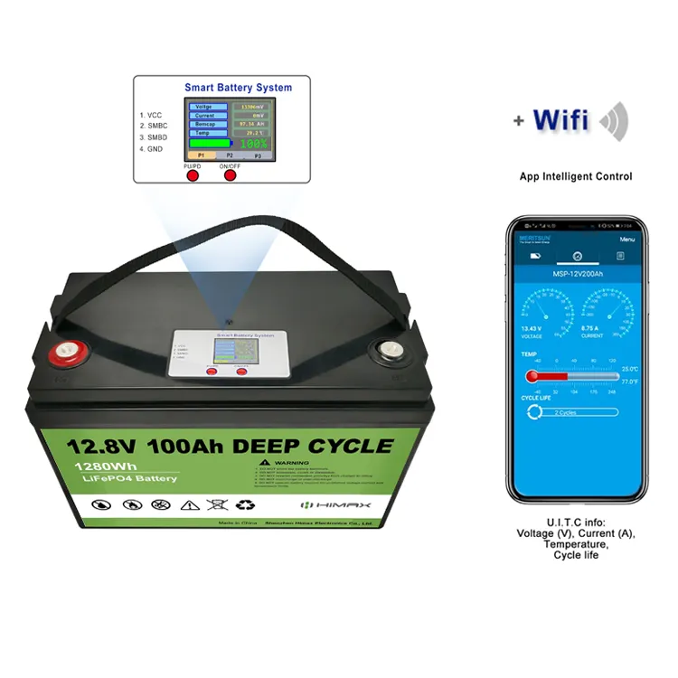 Baterai Li Ion Surya 12 V 100AH Layar LCD BMS Nirkabel Cerdas UPS Penyimpanan Tenaga Surya LiFePO4 Baterai Lithium 12 Volt