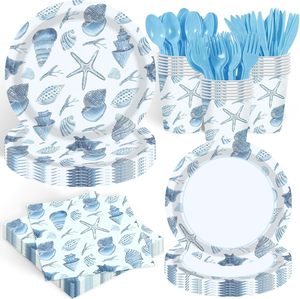Décorations de fête sur le thème des coquillages marins, assiettes jetables en forme de coquillages, serviettes et fourchettes en papier pour anniversaire ou baby shower - Product Image 1