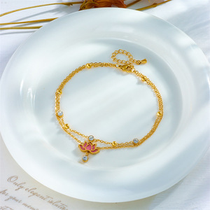 Chaîne de cheville double couche rose lotus en émail et perles rondes en cristal, bijou délicat pour femme, idéal pour l'été et la plage, vente en gros - Product Image 3
