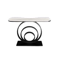 Console murale d'entrée ultra-étroite, style luxe léger, avec base sur pied longue, plateau en pierre, en métal, design moderne et épuré, pour couloir, vue panoramique, semi-circulaire