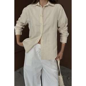 Camisa de Lino Beige Minimalista para Mujer, Transpirable, Estilo Diario, Diseño Simple, Blusa de Manga Larga - Product Image 2