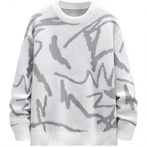 Suéter de Punto para Hombre, Blanco y Gris, Patrón Abstracto, Manga Larga, Estilo Otoñal, Corte Regular, 100% Acrílico - Product Image 4