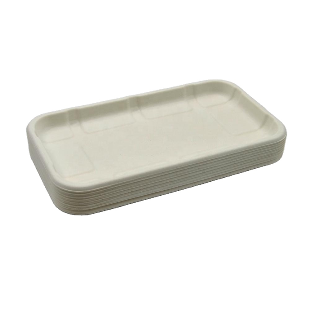 PFAS бесплатно настраиваемый биоразлагаемый поднос для мяса для супермаркетов, поднос для мяса сахарного тростника, одноразовый прямоугольный поднос для суши