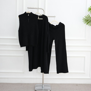 Otoño nuevo elegante conjunto de punto simple para mujer suéter largo cárdigan pantalones conjuntos de tres piezas - Product Image 6