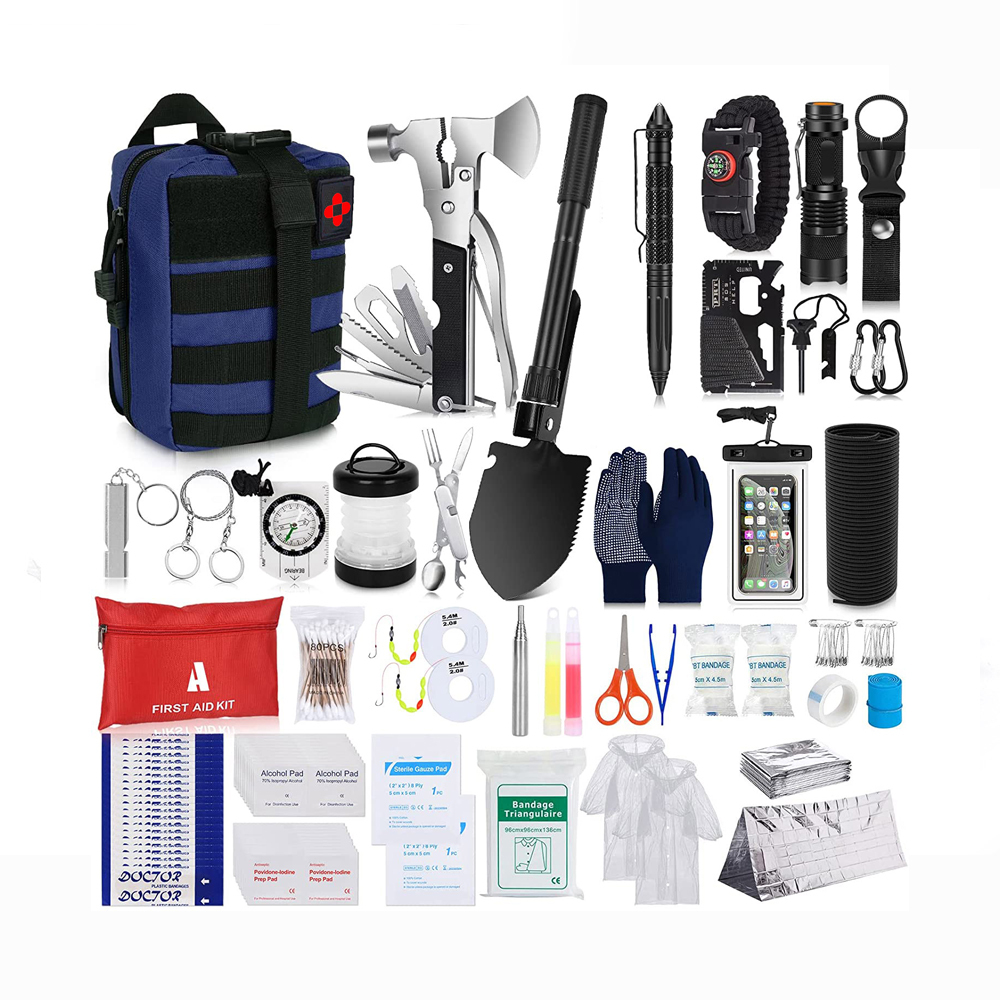 Multifunction disaster wilderness survival emergency first aid survive kit car keychain with multifunctional axe shovel folding