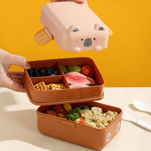 Fiambrera de 2 capas para niños, contenedor de comida para niños escolares con tenedor y cuchara, diseño de oso de dibujos animados, fiambrera Bento para niños, 375ml + 800ml - Product Image 2