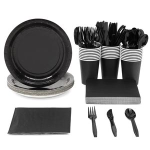 Juego de 144 Artículos para Fiesta Negros para 24 Personas, Platos Desechables de Papel, Servilletas, Vasos, Cubiertos, Juego de Vajilla para Mesa, Gran Venta - Product Image 2