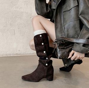 Zapatos de Tobillo para Mujer Hechos a Mano con Cuero Vacuno y Piel de Oveja Genuina, Impermeables, con Punta Puntiaguda, Tacón Grueso y Plataforma, para Primavera y Otoño - Product Image 3