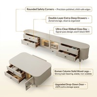 Ensemble table basse et meuble TV vintage en noyer écologique avec rangement en verre cannelé cintré, style rétro français, pour salon et chambre