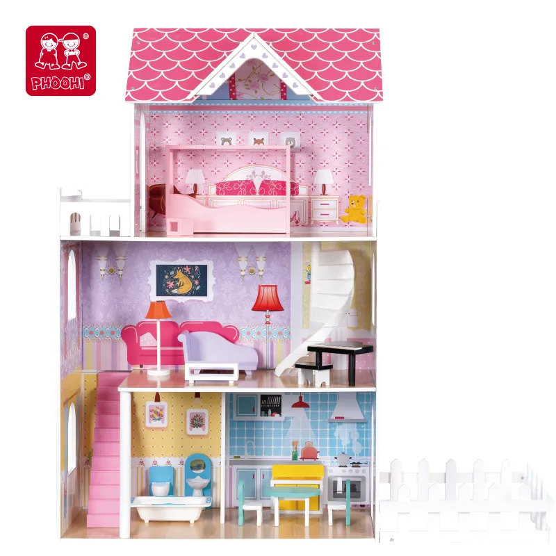 Rumah Boneka Bunga Merah Muda Anak Perempuan, Mainan Permainan Rumah Boneka Kayu DIY untuk Anak-anak 3 +