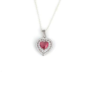 Collar de Plata de Ley 925 con Doble Halo de Corazón y Rubí con Circonita, Joyería Turca Hecha a Mano para Mujer - Product Image 1