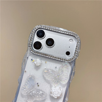Coque de téléphone de luxe Papillon Rose Perle Strass pour iPhone 18 17 Pro Max 16 15 14 13, Housse de protection transparente ondulée à paillettes en époxy