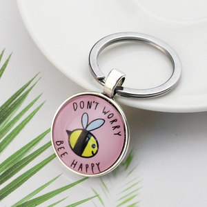 Portachiavi in Vetro con Cabochon 'DON'T WORRY BE HAPPY', Graziosa Ape Gialla, Anello Portachiavi per Borsa e Auto, Regalo per Amici - Product Image 1
