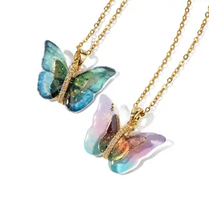 New Trendy 18K Gold Plated Colorful Resin Cubic Zircon Butterfly Pendant Necklace