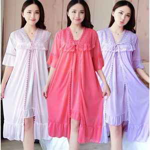 Solid Comfortable Ice-silk Robe Sets Women 2 Two Piece Nightgowns Sexy Lace Women's Summer Bathrobe Sleepwear - Product Image 1