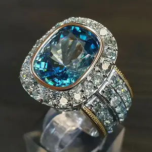 Huitan Noble แหวนผู้หญิง,แหวนหมั้นแนววินเทจสีฟ้าใสใหญ่ประดับอัญมณีสามชั้นสำหรับสุภาพสตรี