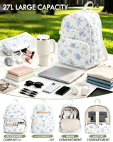 Sac à dos unisexe pour ordinateur portable de voyage 15,6 pouces 27L matelassé style doudoune pour collège et travail, double fermeture éclair, 18 poches