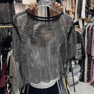 LM <span class=keywords><strong>R907</strong></span> Haut court en résille à strass pour femme, col rond, transparent, brillant, chemisier en maille ajourée, idéal pour club ou plage - Product Image 4